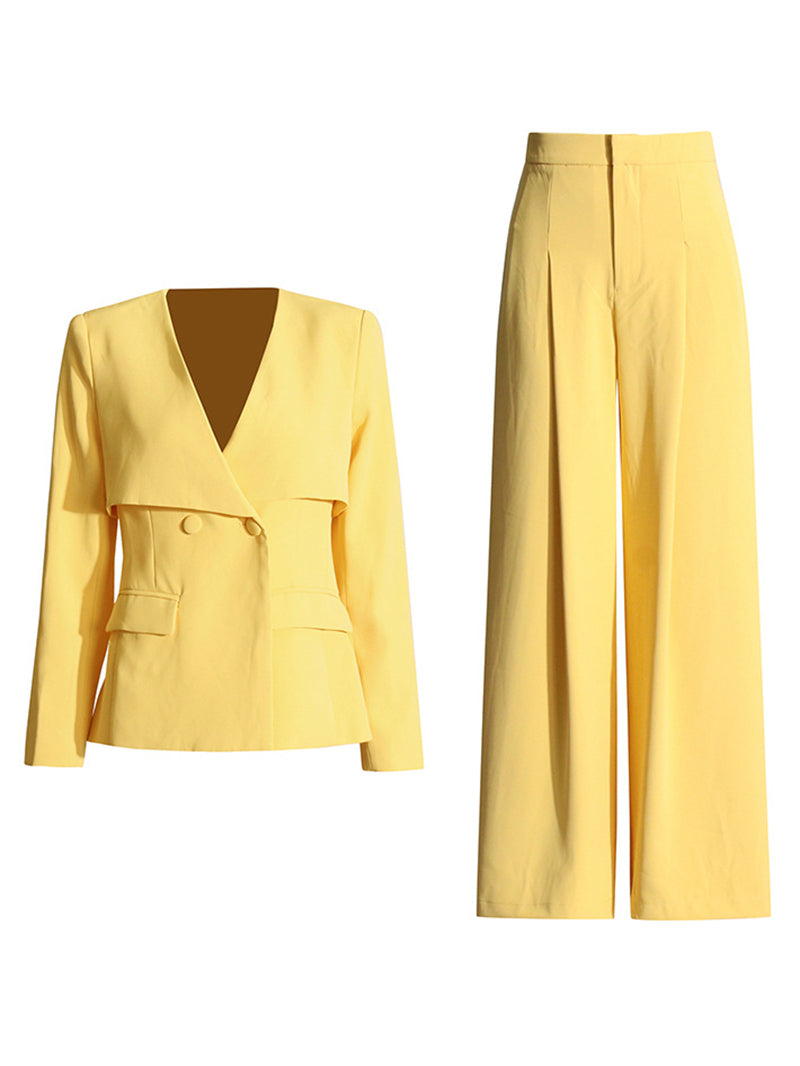 Elegant V Neck Blazer Elastic Waist Wide Leg Pants SuitSets