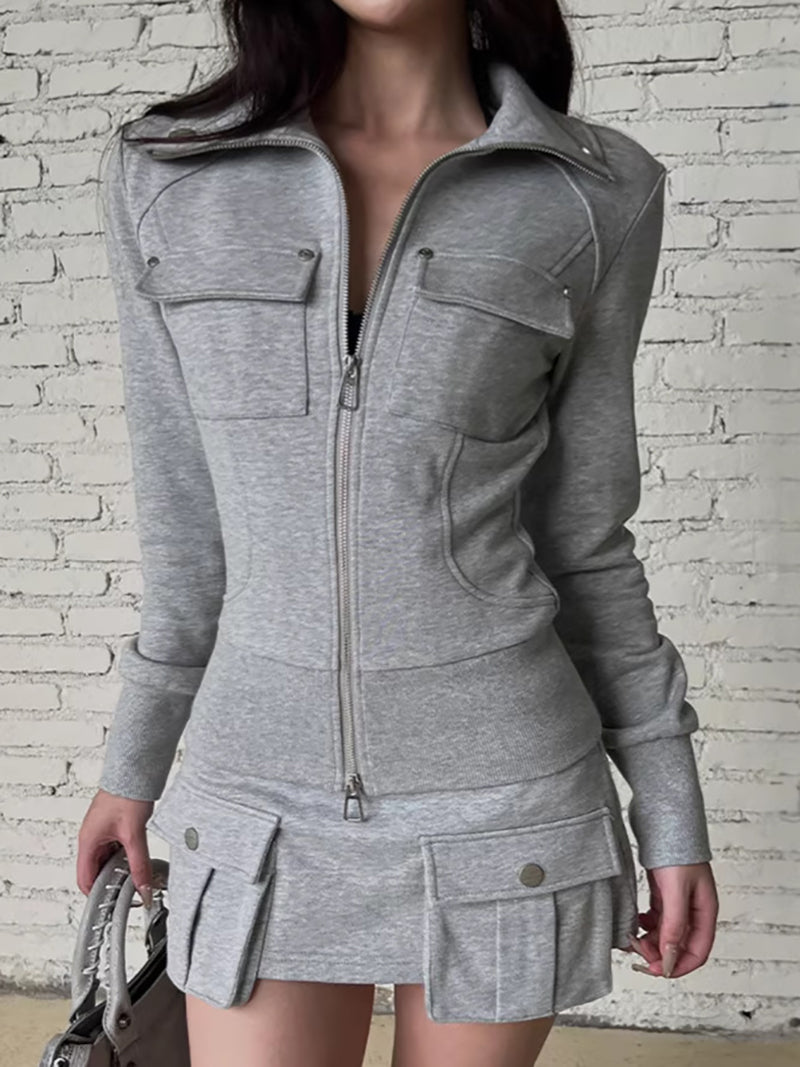 Casual Zipper Hoodie And Mini Skirt Two Piece Set