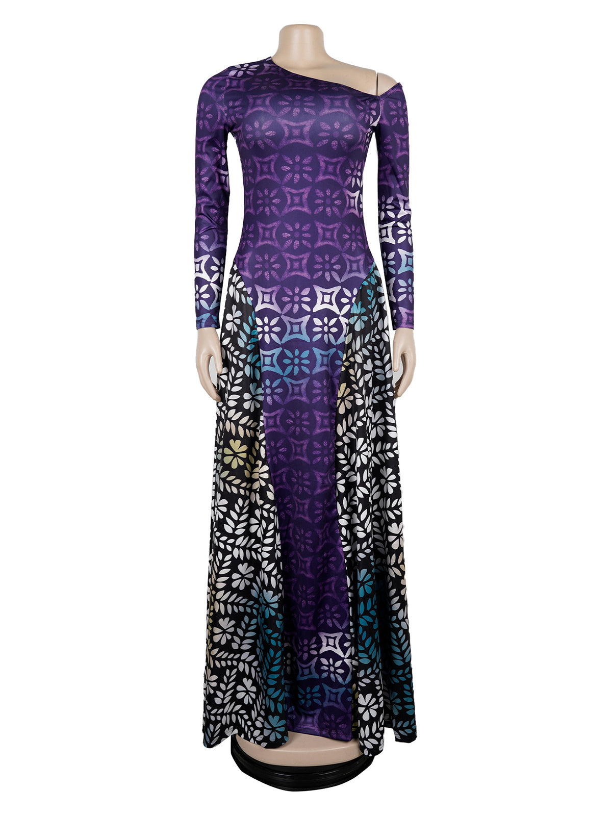 Elegant Print Stretch Slash Shoulder Maxi Dress