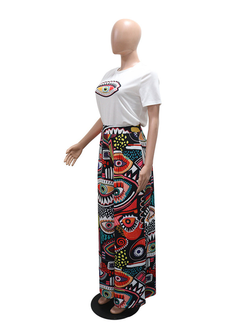 Casual Print T-shirt Wide Leg Pants Two Piece Set