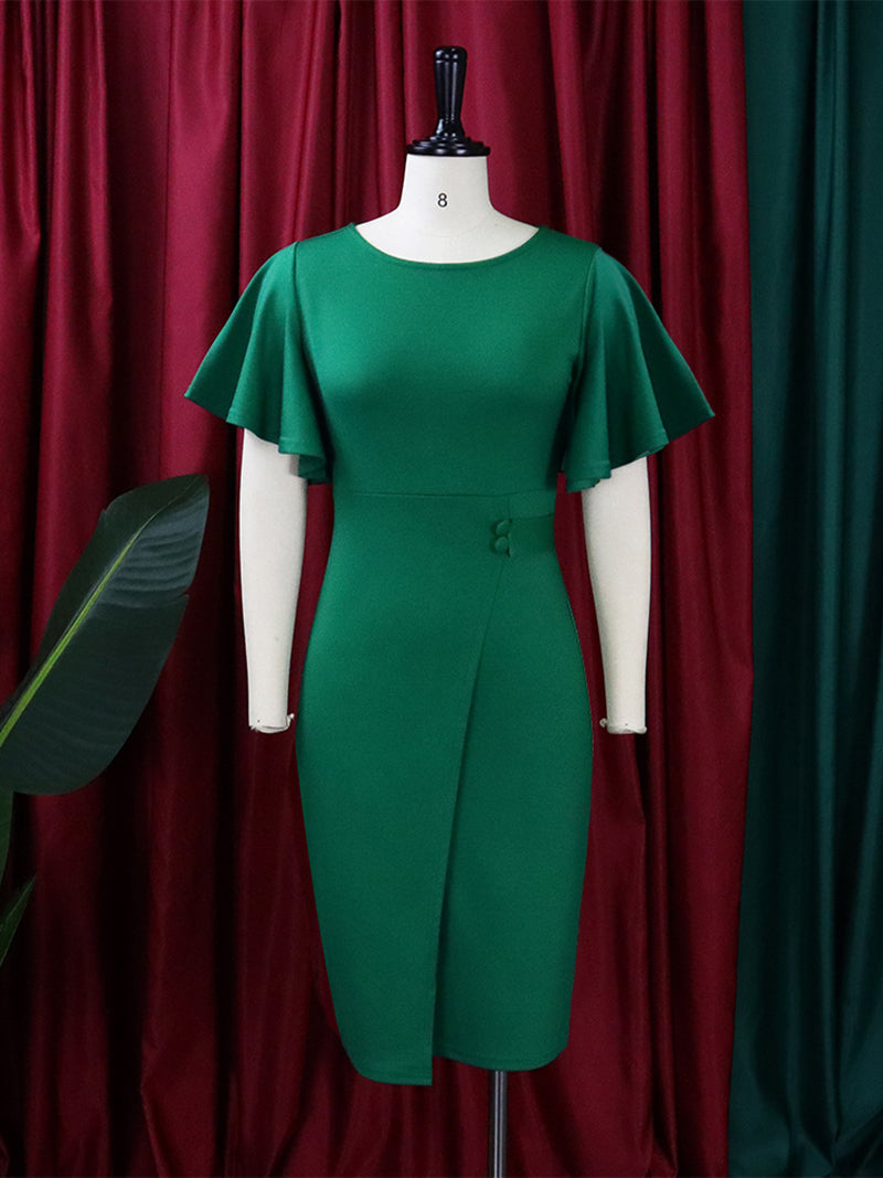 Elegant Round Neck Ruffled Sleeve Bodycon Pencil Dress