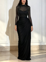 Beaded High Neck Mesh Long Sleeve Evening Dress