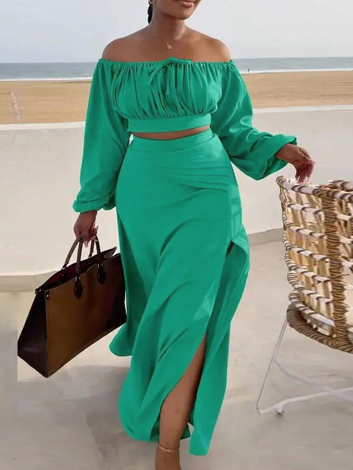 Sexy Off Shoulder Top Slit Skirt Casual Set