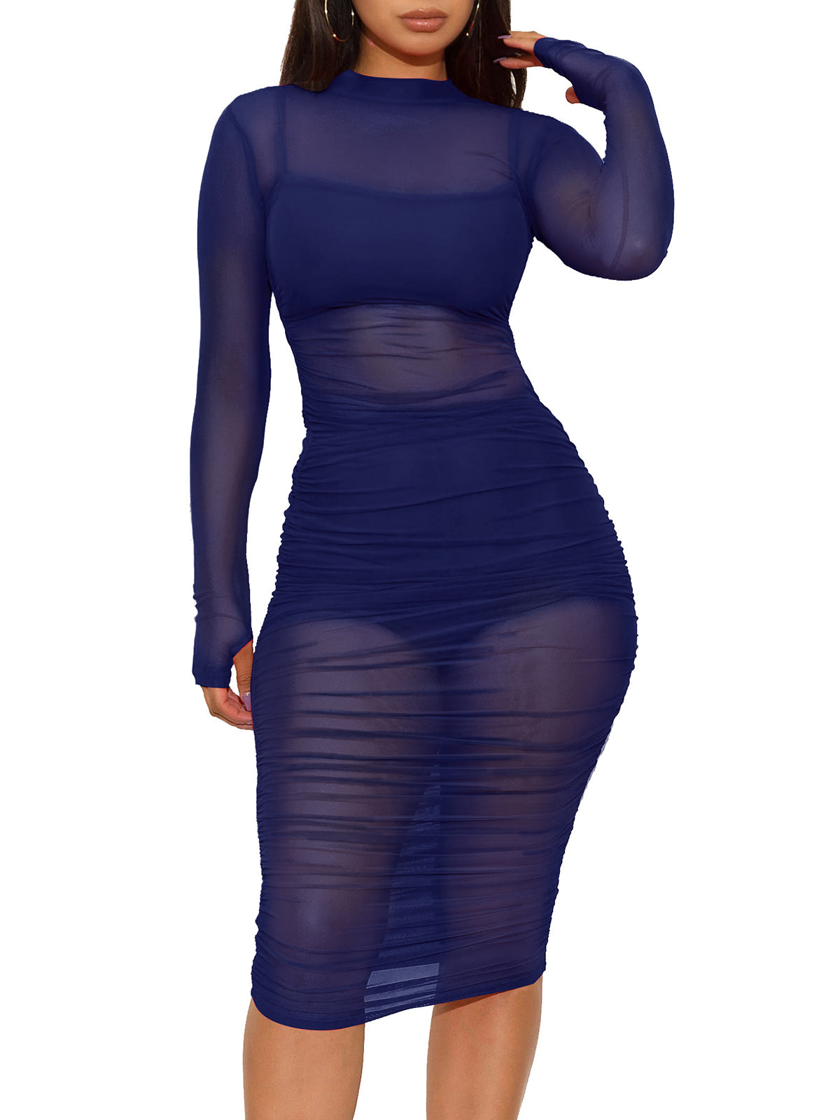 Sexy Sheer Mesh Ruched Bodycon Dress 3 Piece Sets