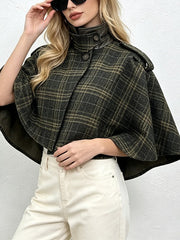 Plaid Stand Collar Cropped Cape Jacket-boutique