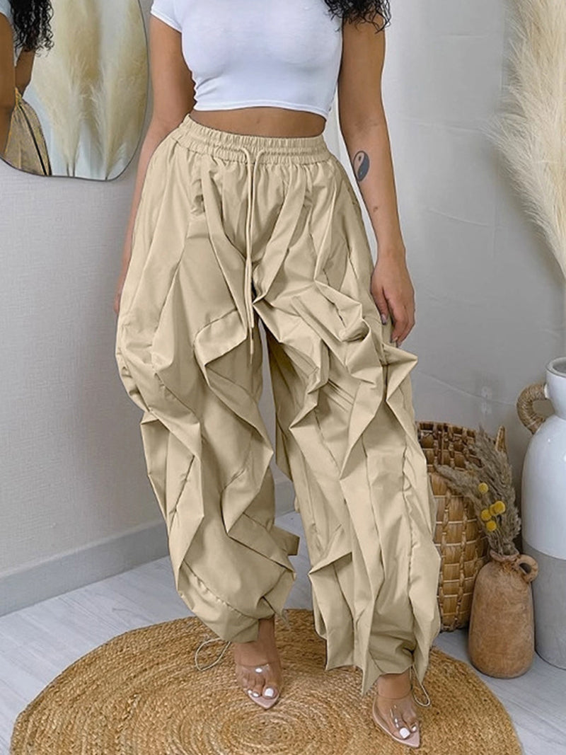 Casual Elastic Waist Drawstring Wave Pleated Pants