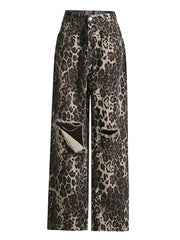 Street Leopard Ripped Wide Leg Jeans