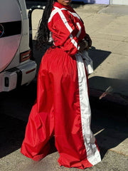 Patchwork Contrast Zipper Collar Sports Two Pieces Set