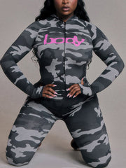 Casual Letter Leopard Print Zip Hooded Top Pants Sets