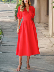 Fashion V-neck Puff-Sleeve Slim-fit Midi Dress