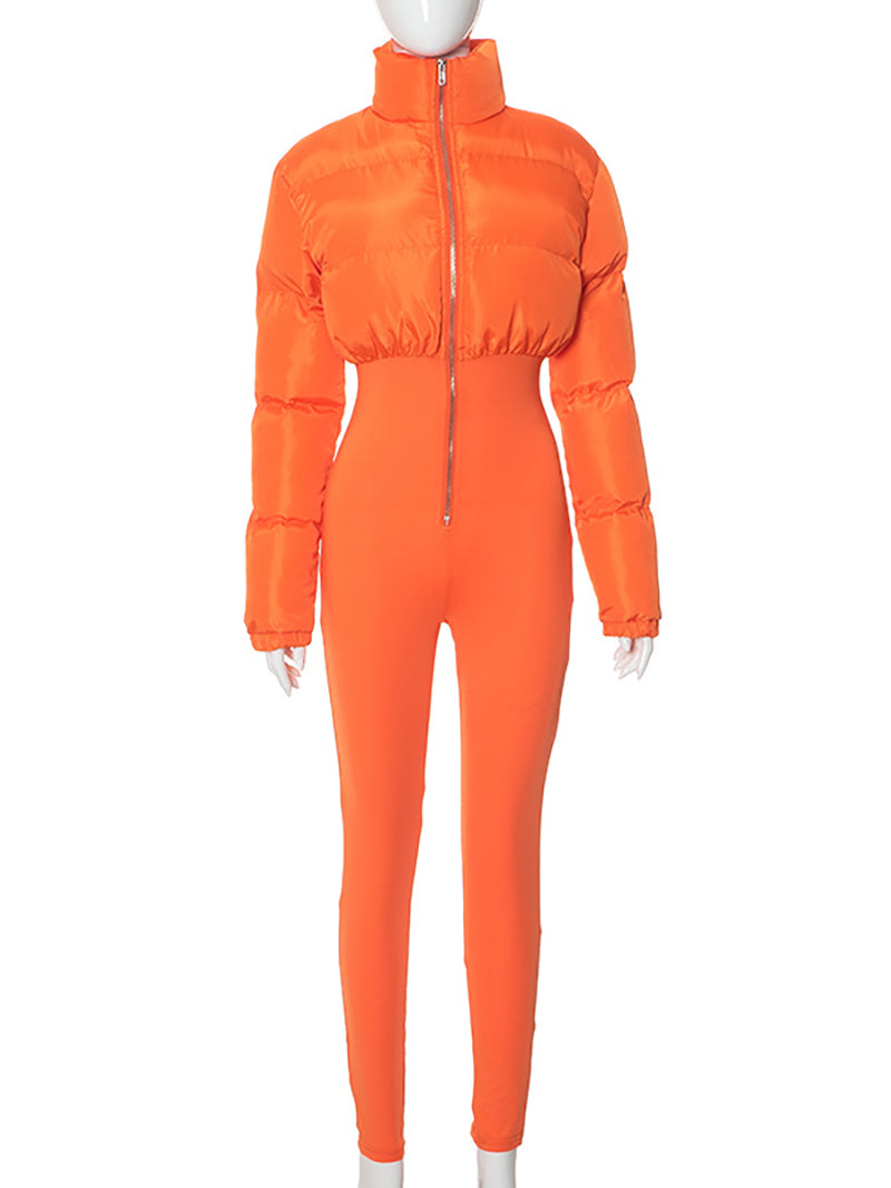 Sexy Warm Cotton Jacket Patchwork Tight Jumpsuit