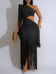 Stylish Asymmetric One Shoulder Fringe Maxi Dress