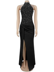 Sexy Sleeveless Rhinestones Ruched Slim Split Maxi Dress
