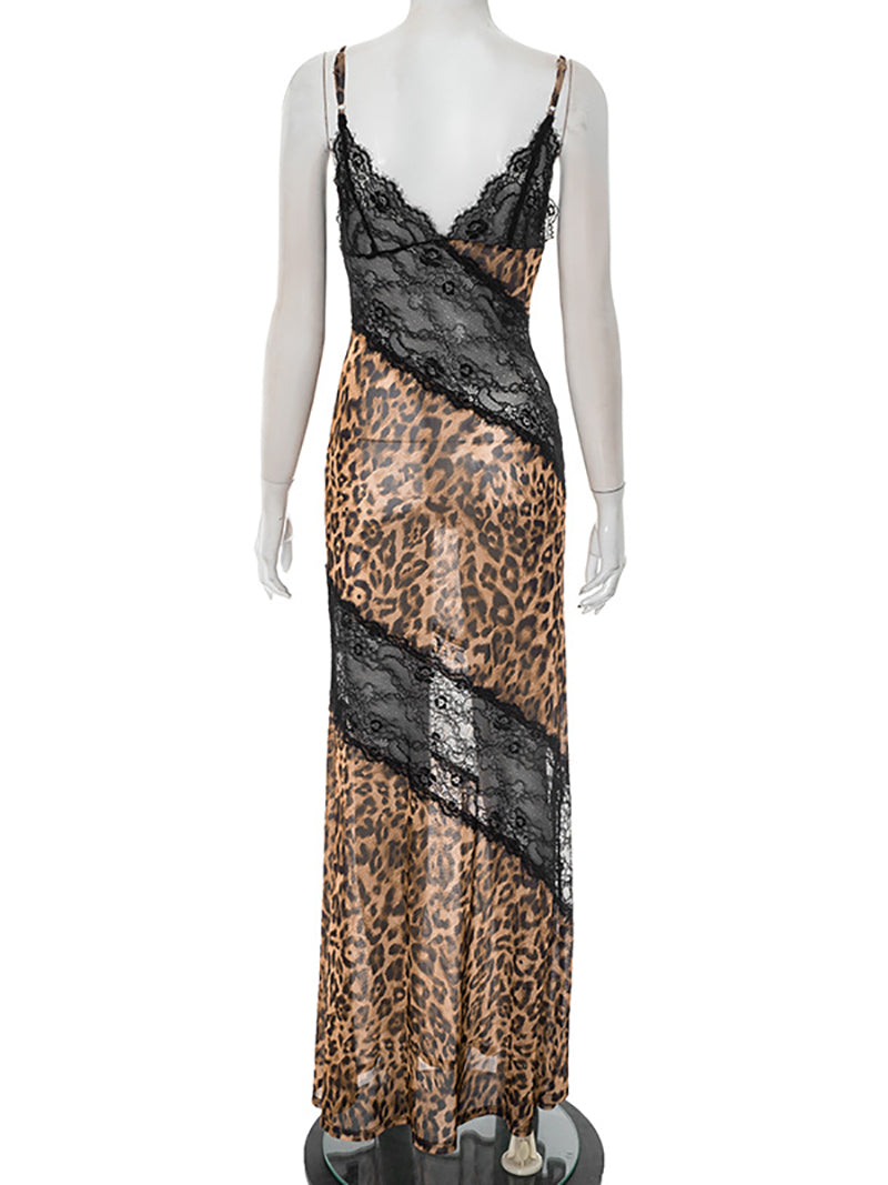 Sexy Leopard Lace Patchwork Chiffon Maxi Dress