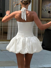 Halter-Neck Sleeveless Plain Slim-Fit Mini Bubble Dress