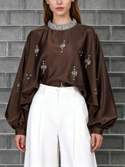 Elegant Round Neck Rhinestone Puff Sleeve Shirt