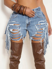 High Waist Side Tassel Ripped Denim Shorts