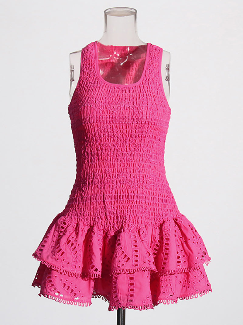 Fashion Sleeveless Embroider Ruffle Mini Dress