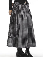 Casual Asymmetric Draped Plaid Long Skirt