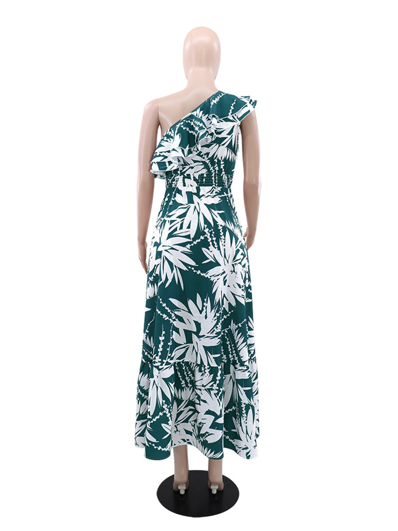 Elegant Print Ruffled Trim Oblique Collar Maxi Dress