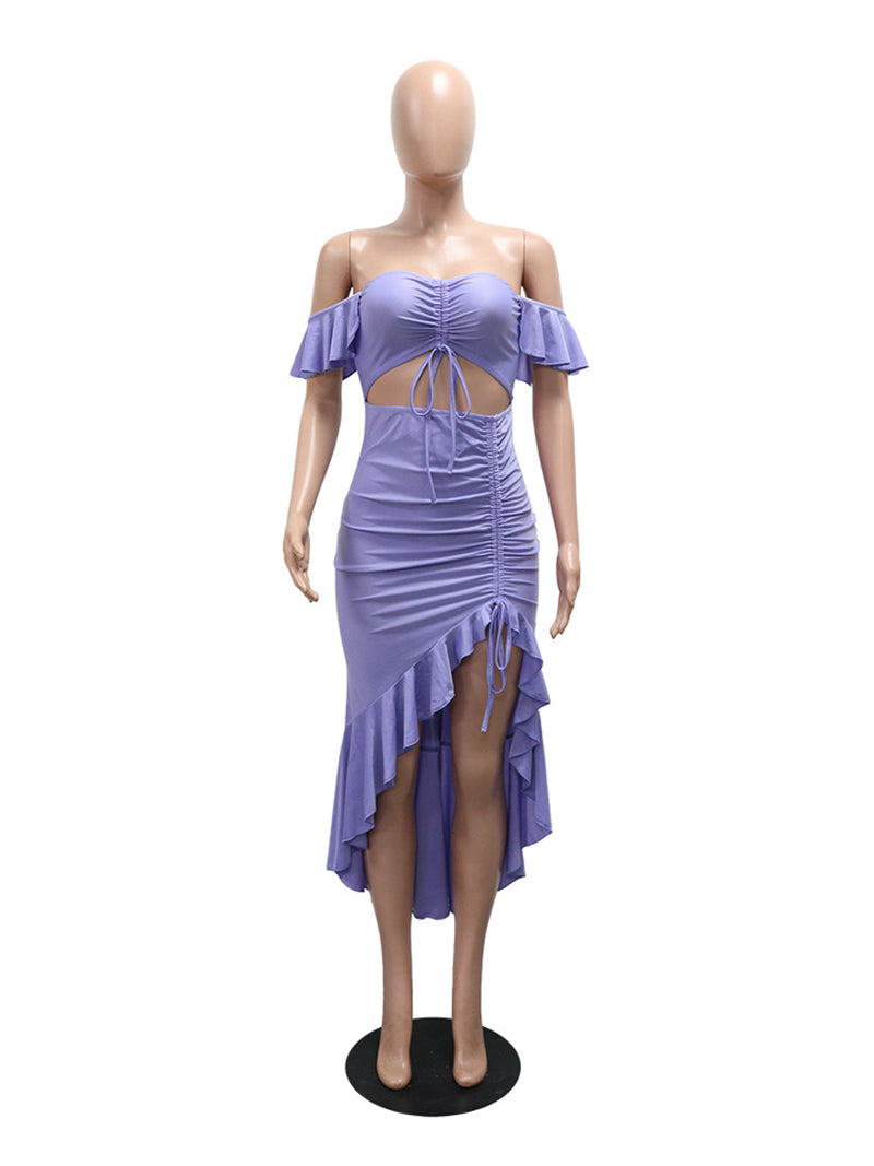Sexy Off Shoulder Hollow Irregular Ruffle Maxi Dress