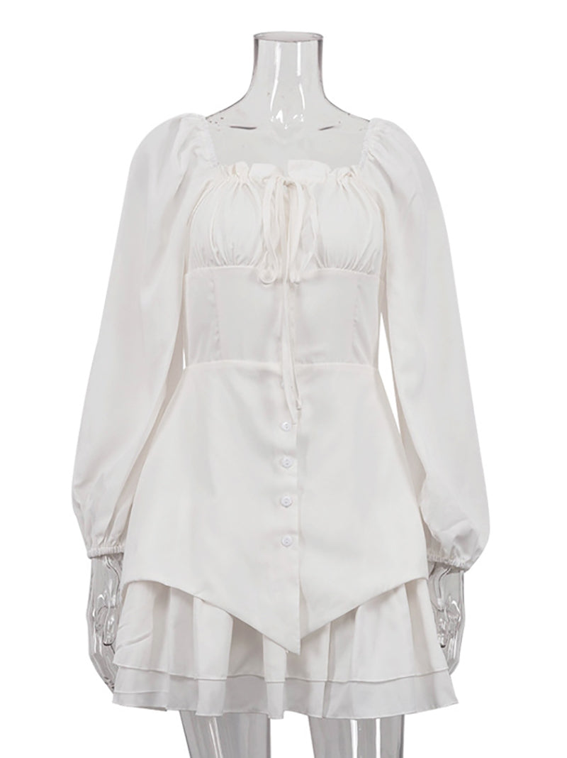 Square Neck Lace-up Bubble Sleeves Ruffle Mini Dress