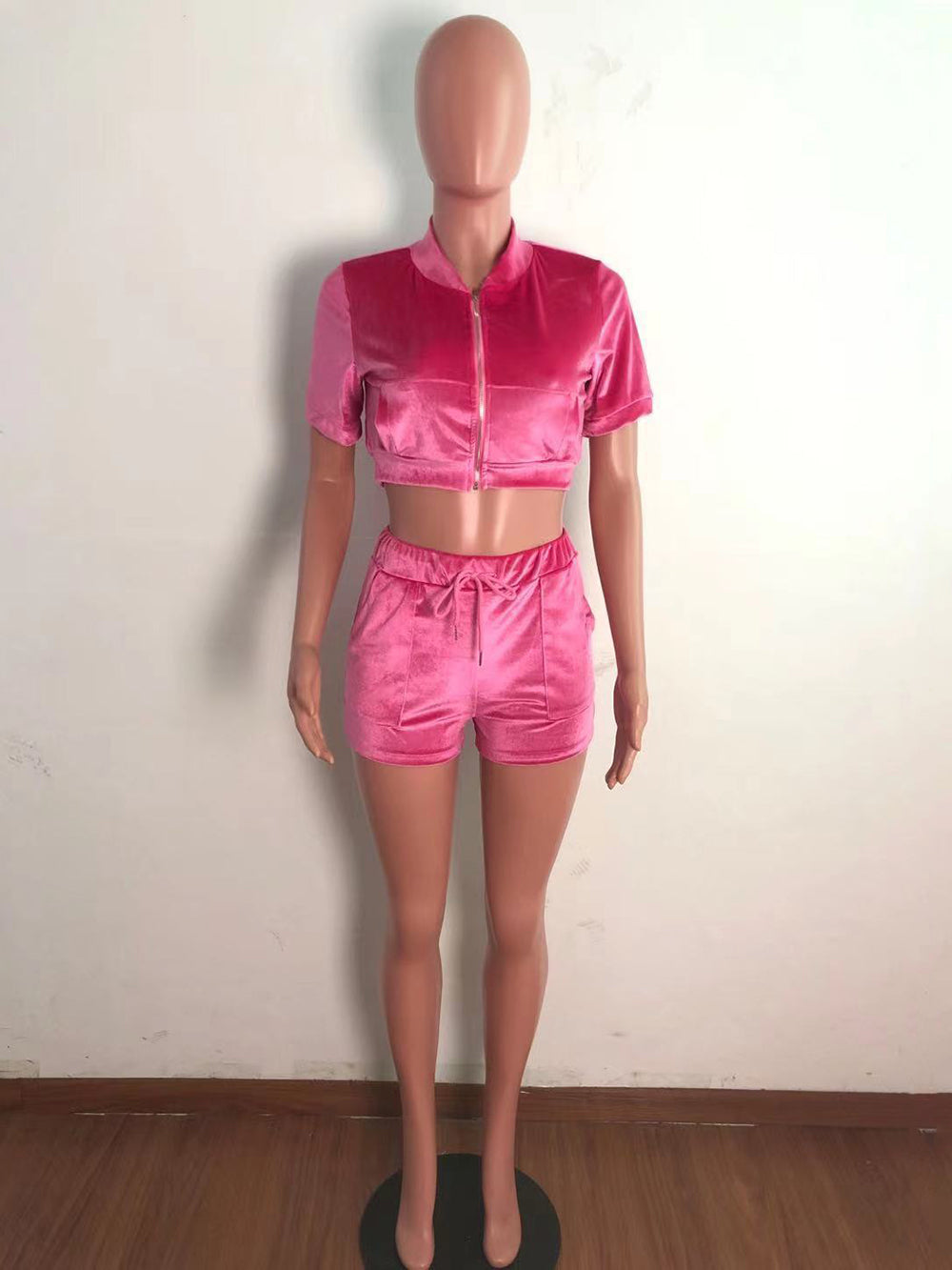 Velvet Zip-up Crop Top Shorts Jogging Two Piece Set