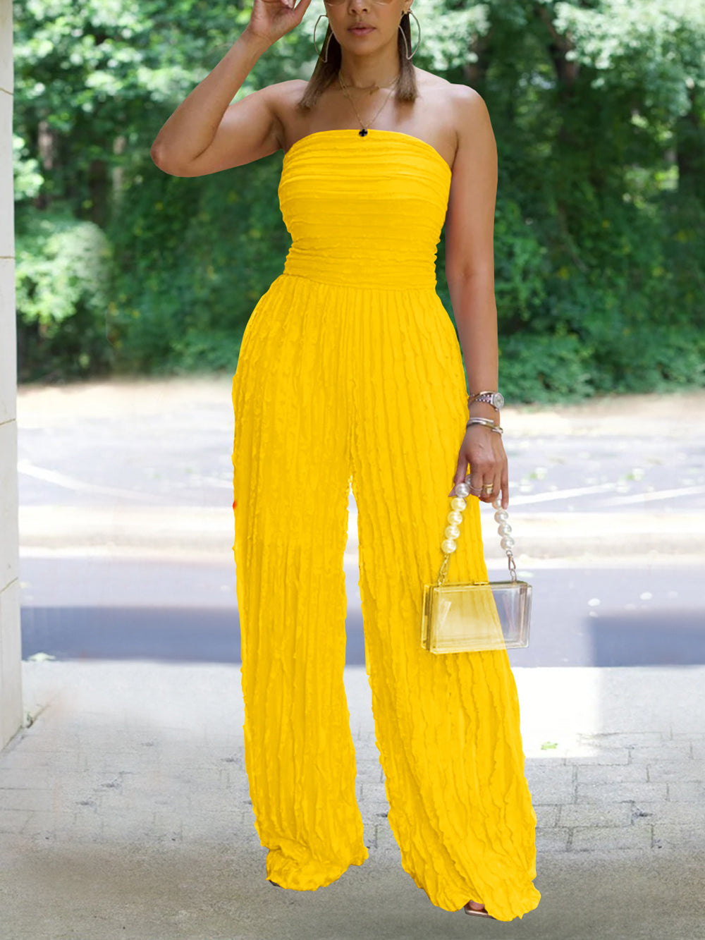 Casual Strapless Pleated Wavy Grain Wide Leg Jumpsuit