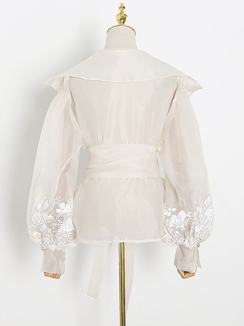 Elegant Lantern sleeve Lace-up Print Shirt
