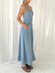 Denim Suspender Button-Down Casual Midi Dress