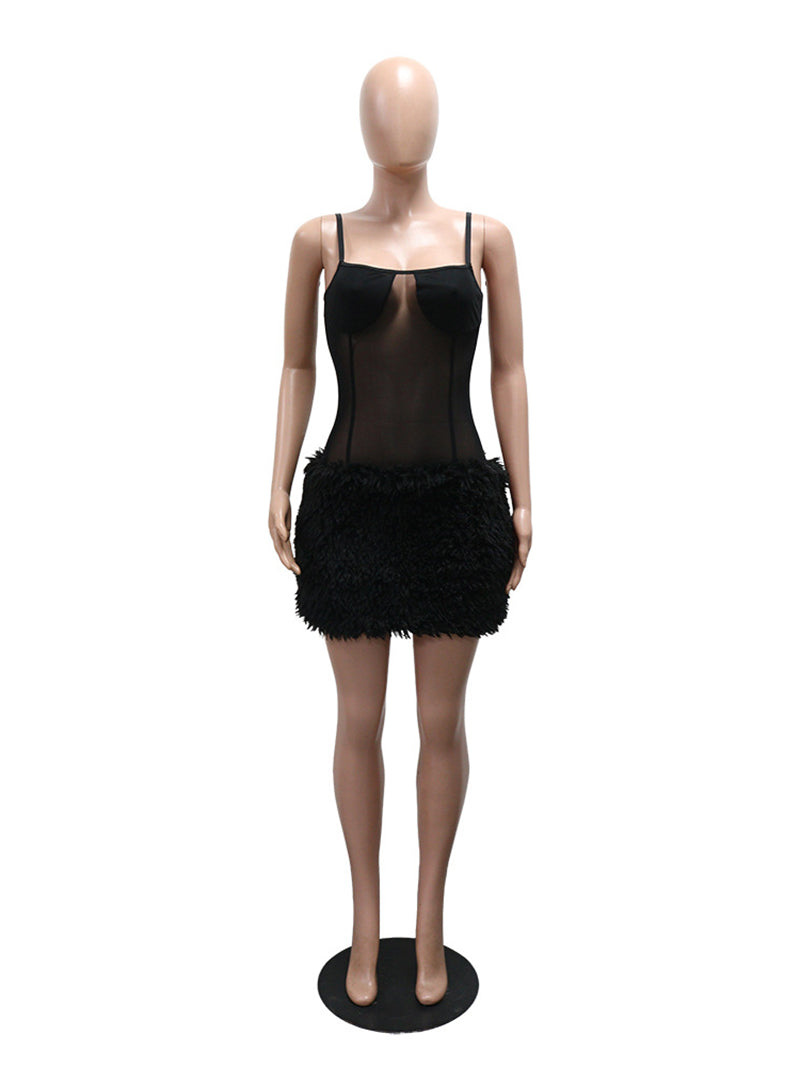 Sexy Sheer Mesh Patchwork Fluff Sleeveless Mini Dress