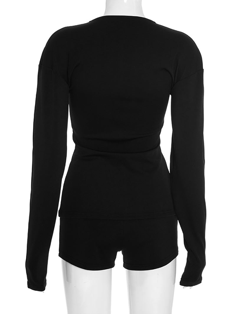 Fashion Tight Button V-neck Top Shorts Casual Set
