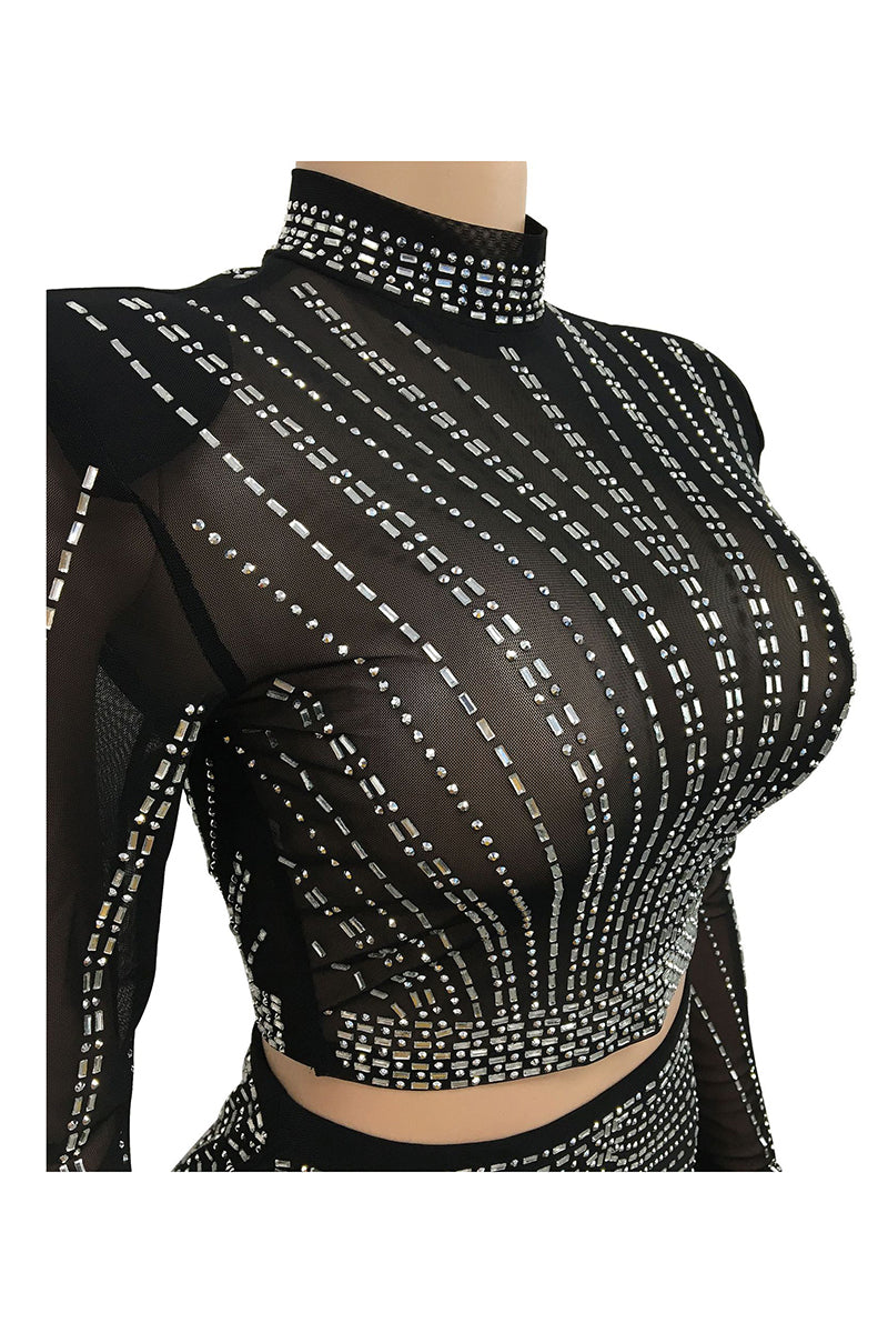 Sexy Rhinestone Sheer Mesh Skirt Club Sets