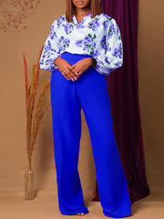 Elegant Rose Print Blouse And Wide Leg Pants Set