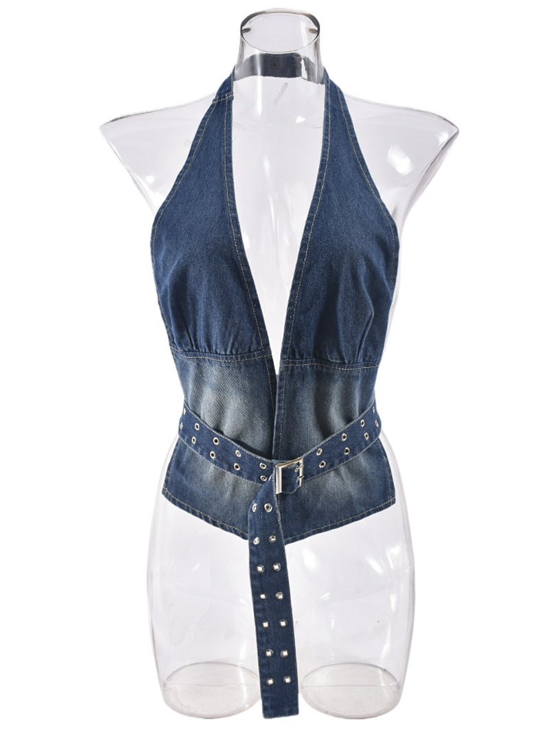 Sexy Backless Denim Halter Top with Belt