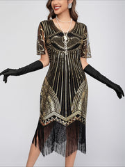 1920s Sequin Fringe Short Sleeve Dress