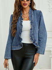 Vintage Ruffle Trim Open Front Denim Jacket
