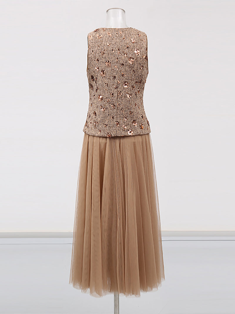 Sleeveless Sequin Vest Patchwork Mesh Skirt Set