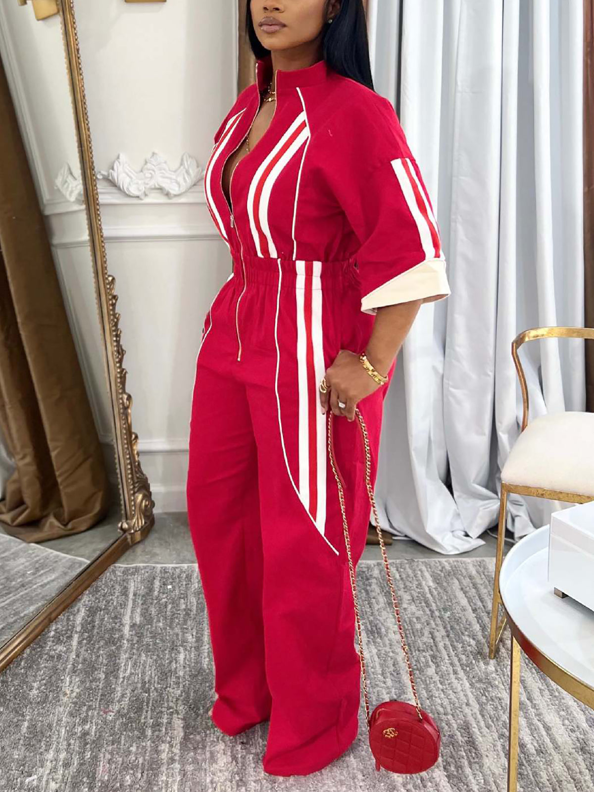 Fashion Stand Collar Zip-Up Striped Jumpsuit