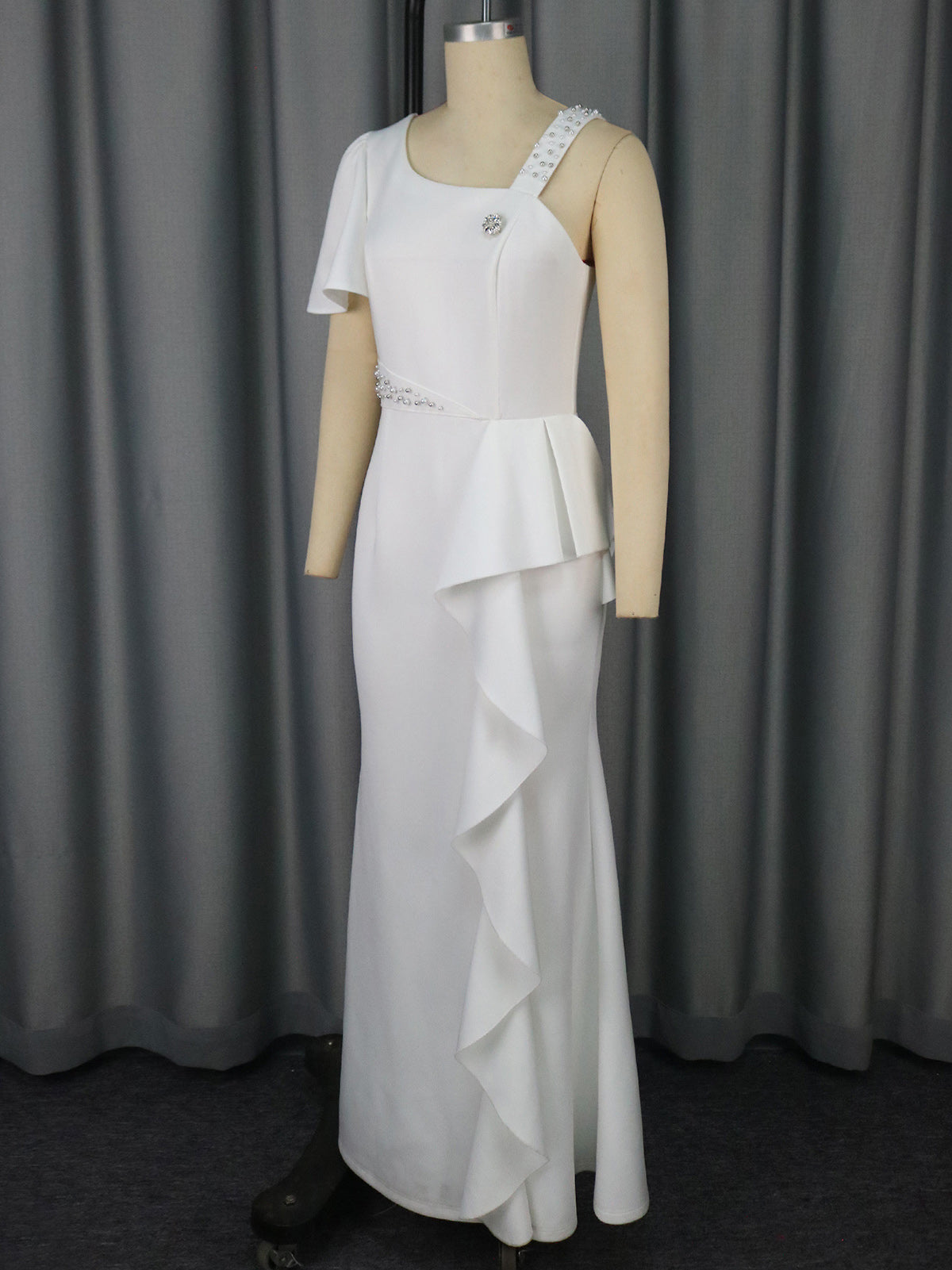 Elegant One-Shoulder Beaded Party Maxi Dress