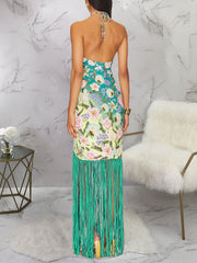 Elegant Halter Sleeveless Floral Print Fringe Dress