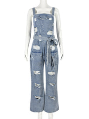 Fashion Bandage Ripped Denim Jumpsuit