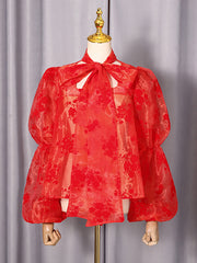 Elegant Floral Print Tie Up Mesh Sheer Shirt