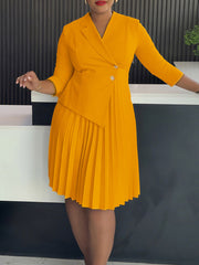 Elegant Turndown Collar Shirt Pleated Midi Dress