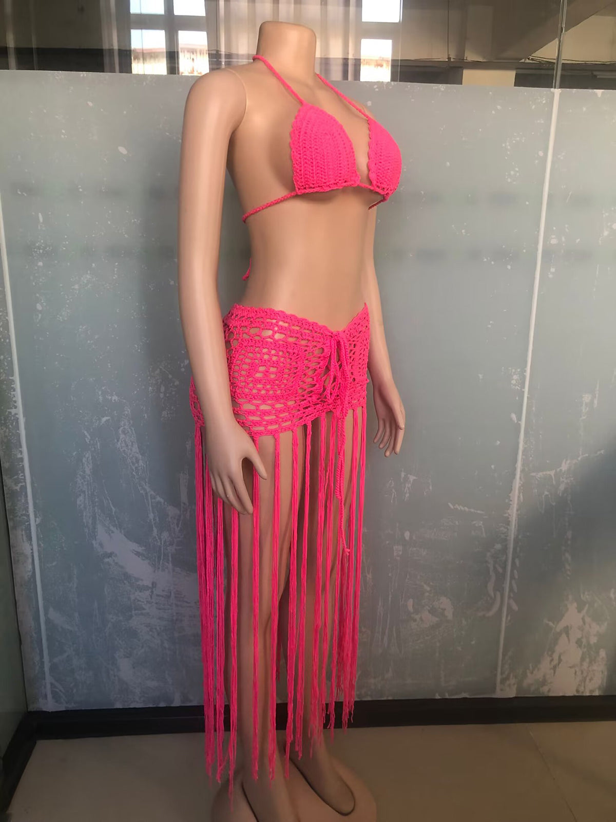 Knitted Crochet Bra Top with Long Tassel Skirt Sets