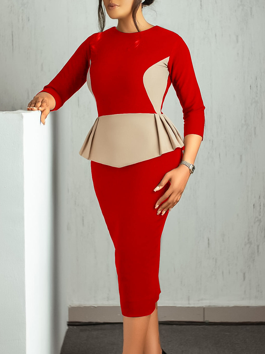 Fashion Contrast Color Round Neck Bodycon Midi Dress