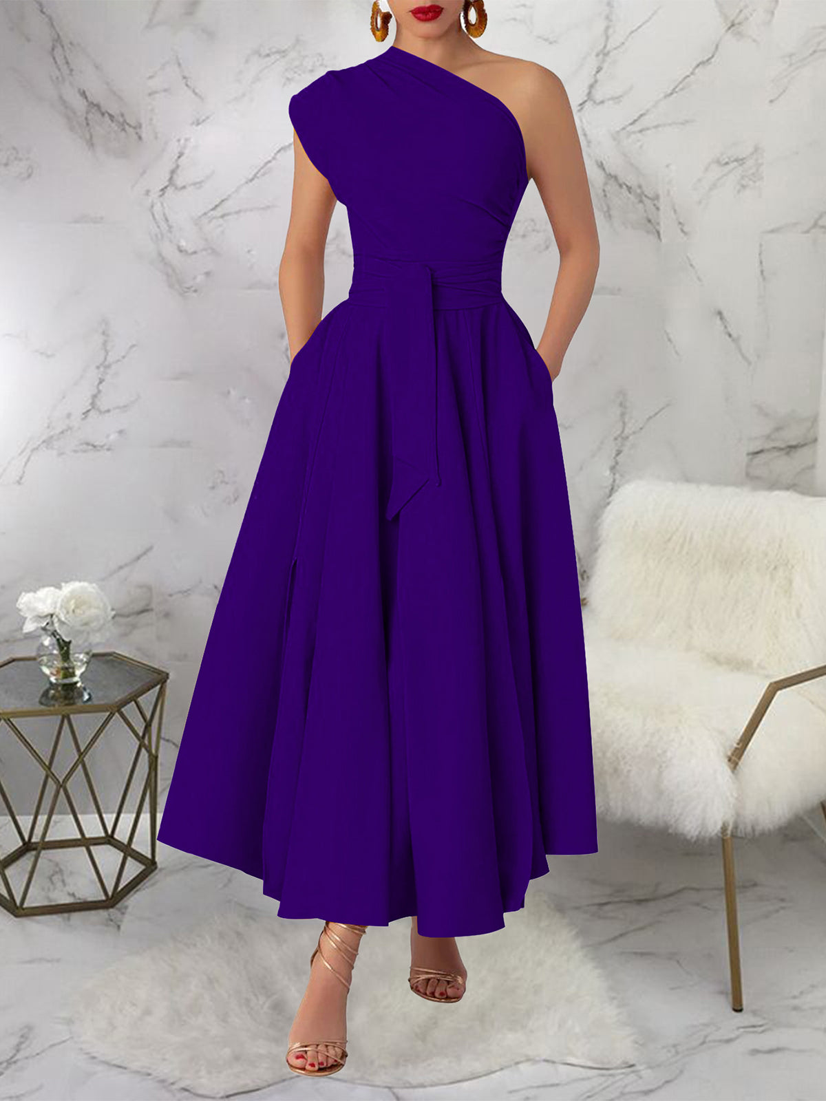 Casual Sleeveless Skew Collar Split Dress