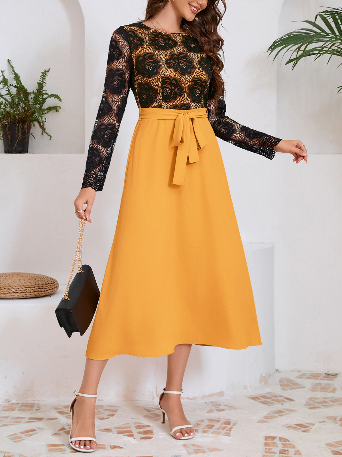 Rose Pattern Lace Long Sleeve Waist Cinch Midi Dress