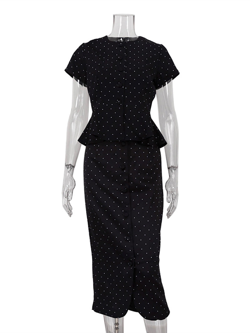 Polka Dot Print Slim Shirt High Waist Midi Skirt Set