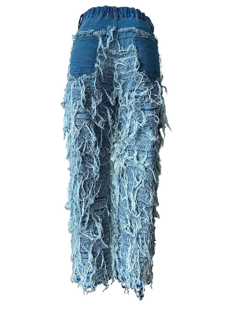 Fashion Tassels Elastic Straight Jeans